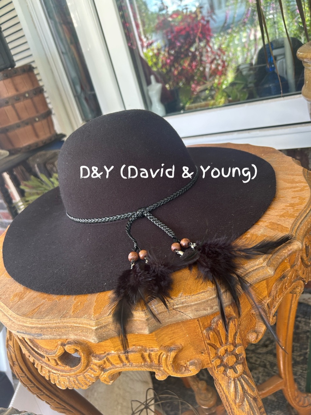 Wide Brim Black Floppy Felt Hat with Feather Detail